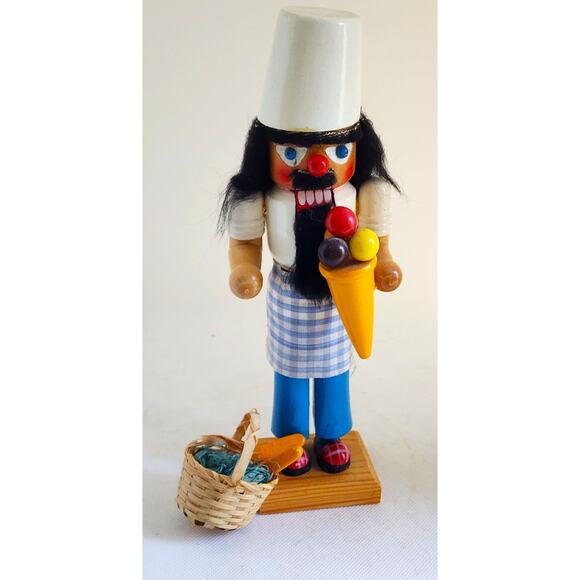 NUTCRACKER-Wood-Moving Lever Mouth-Baker Basket w/Bread-Ice Cream Cone-10" Tall - Picture 5 of 13